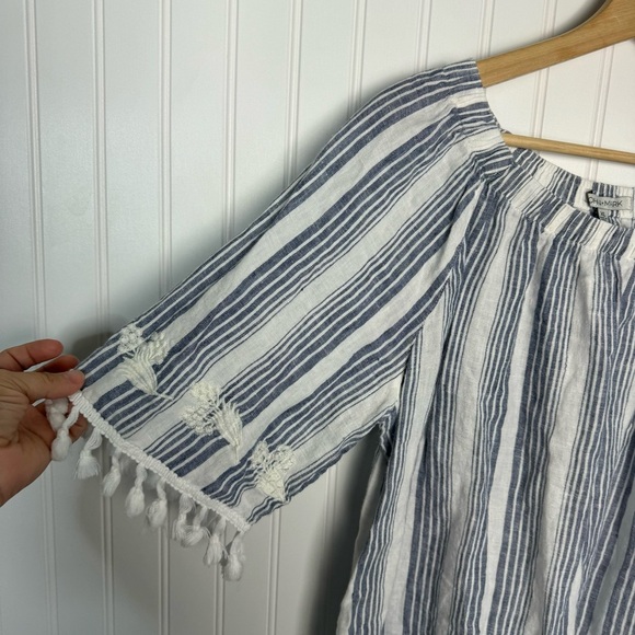 John Mark Top XL Linen Floral Stripes Embroidered Tassels Casual Coastal - Picture 4 of 10